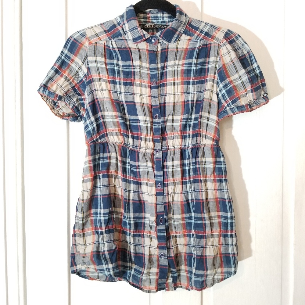 Zara Short Sleeve Gathered Waist Plaid Blouse